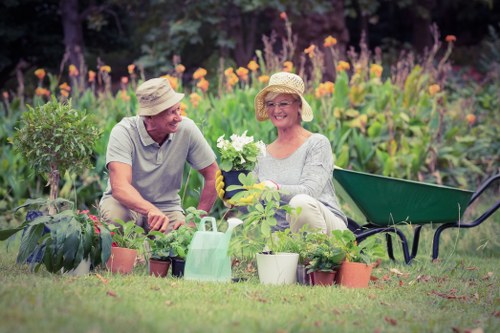 Gardening team briefing before starting work in a residential garden
