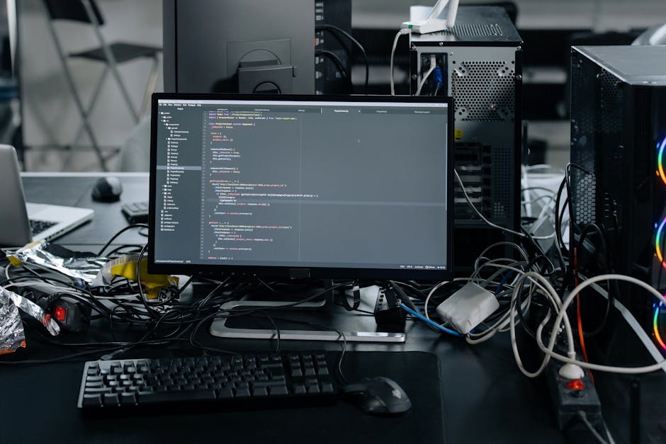 A cluttered computer desk featuring a central monitor displaying lines of code, surrounded by scattered wires, a keyboard, a mouse, and various electronic devices. In the background, there are desktop